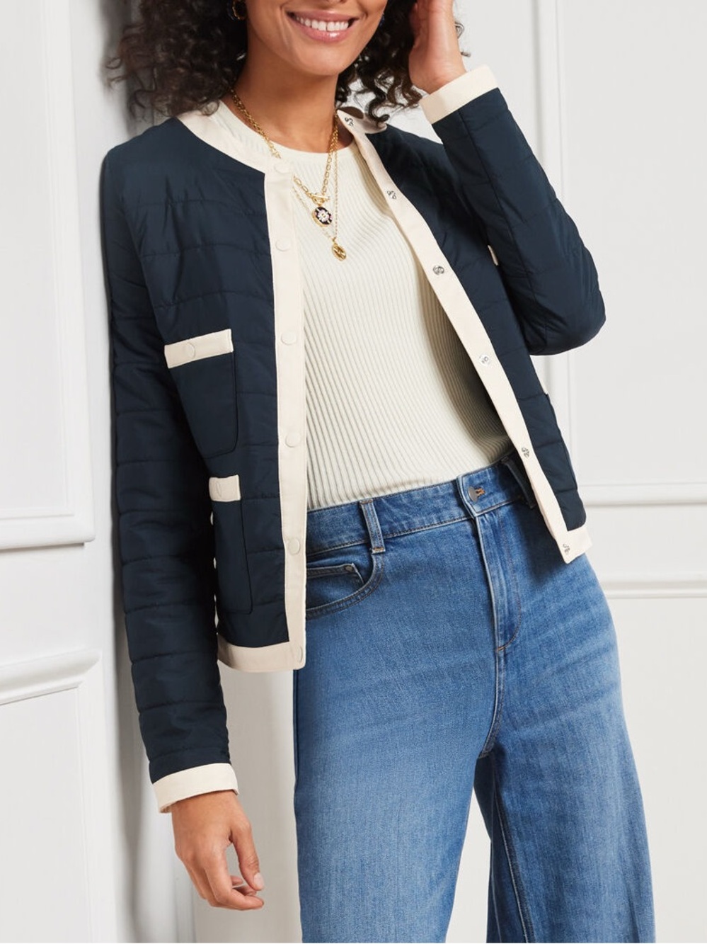 Talbots Women Size M Navy Blue Collarless Snap Front Quilted Lady Jacket NWOT